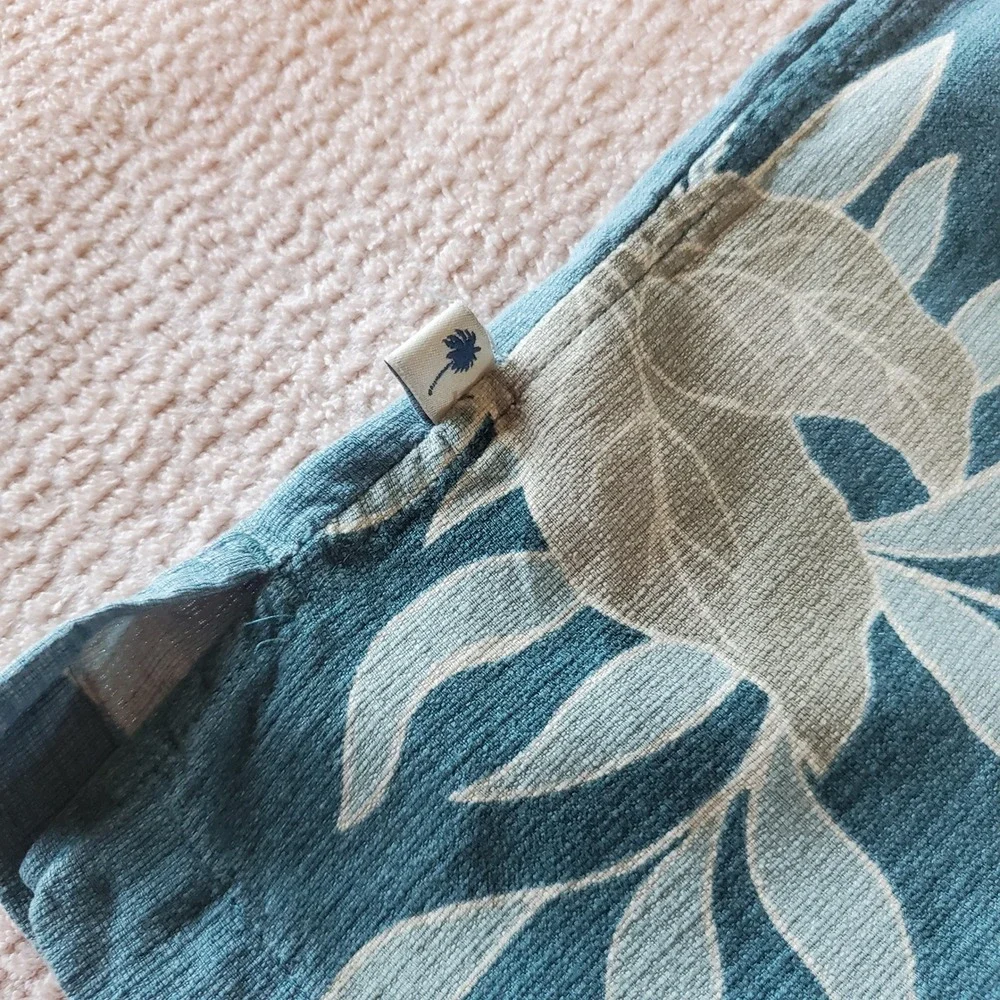 Island Shores Mens Large Teal Blue 100% Washable Silk Tropical Floral Camp Shirt